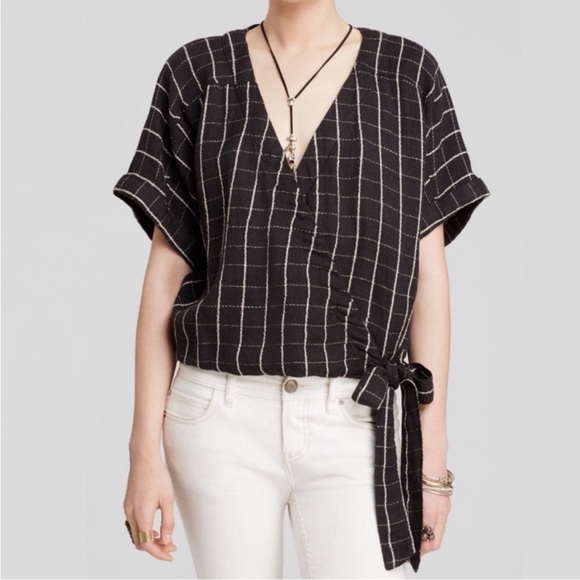 Free People Made In The Shade Linen Wrap Top black white plaid large blouse soft - Picture 1 of 15